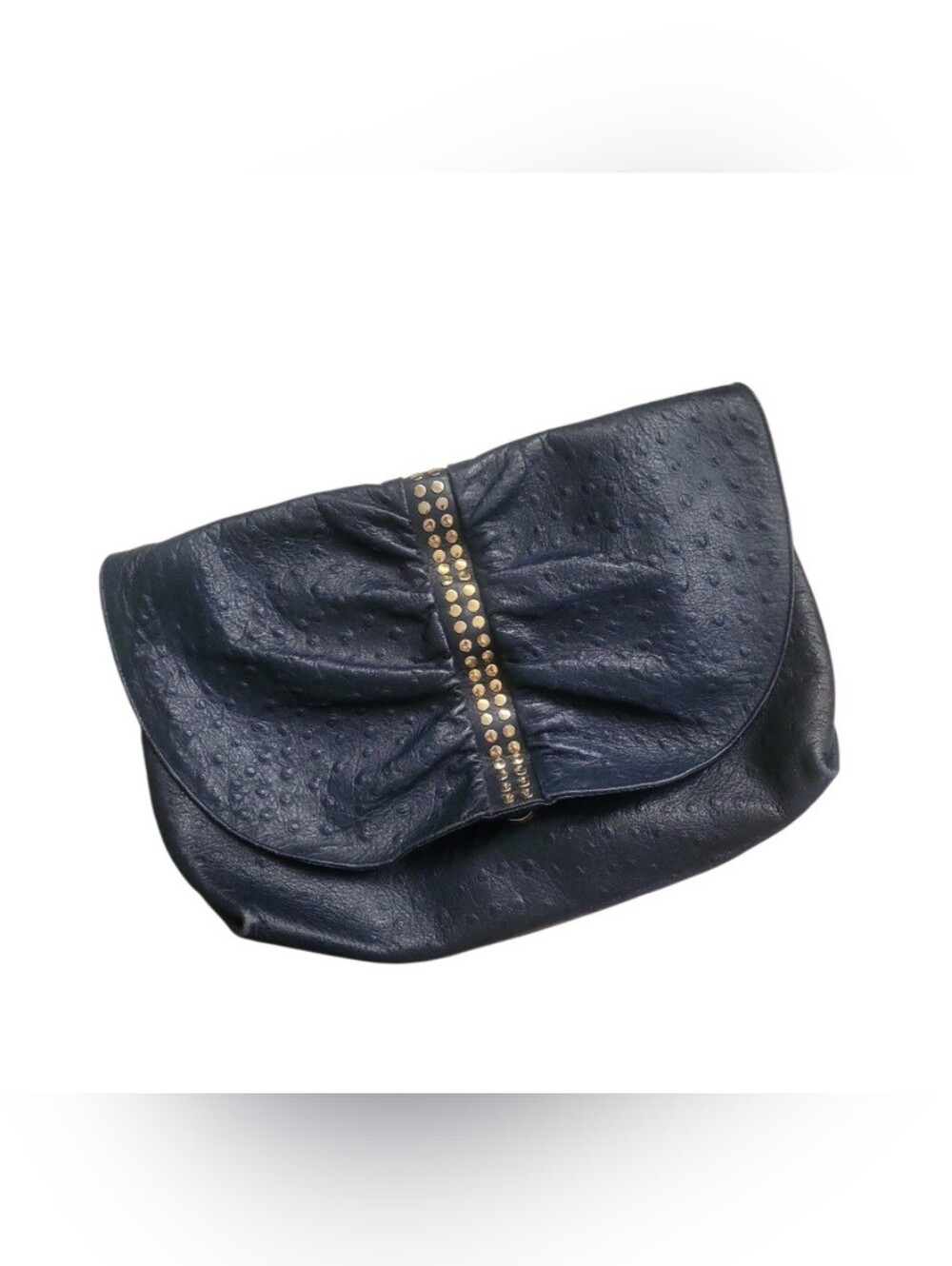 Vintage Susan Gail Midnight Blue Gold Studded Ostrich Leather Large Clutch Bag